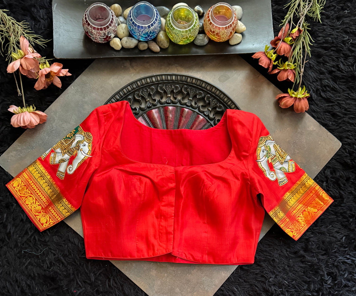 Chilli Red Tanjore Painting on Gadwal Pure Silk Blouse