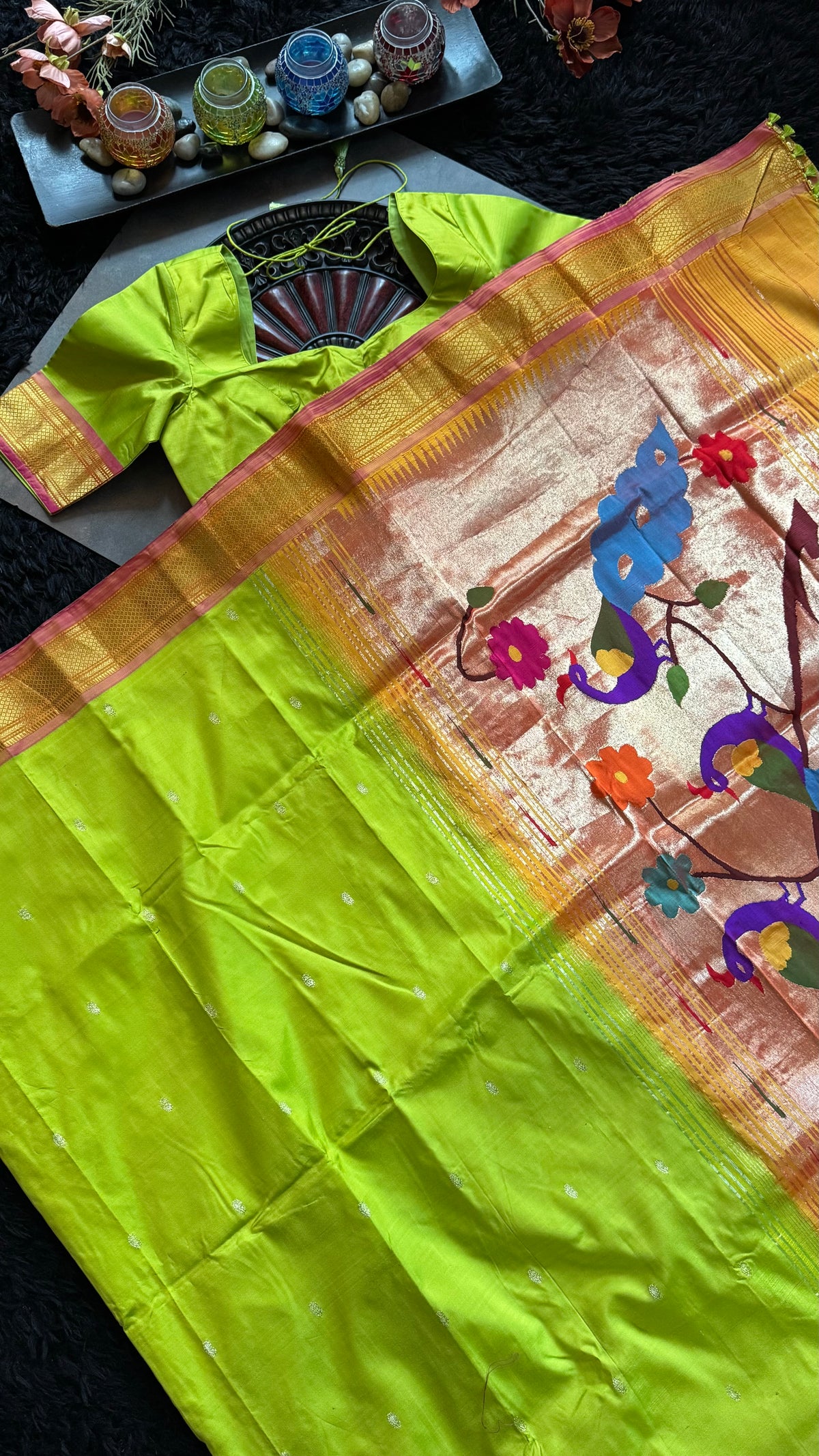 Parrot Green Yeola Paithani Narali Border Handloom Pure Silk