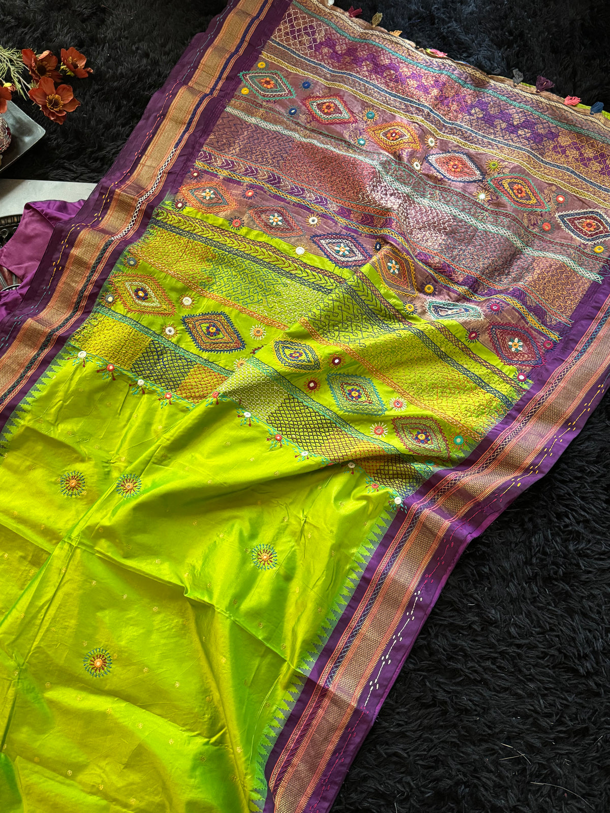 Parrot Green Purple Lambani Pure Silk