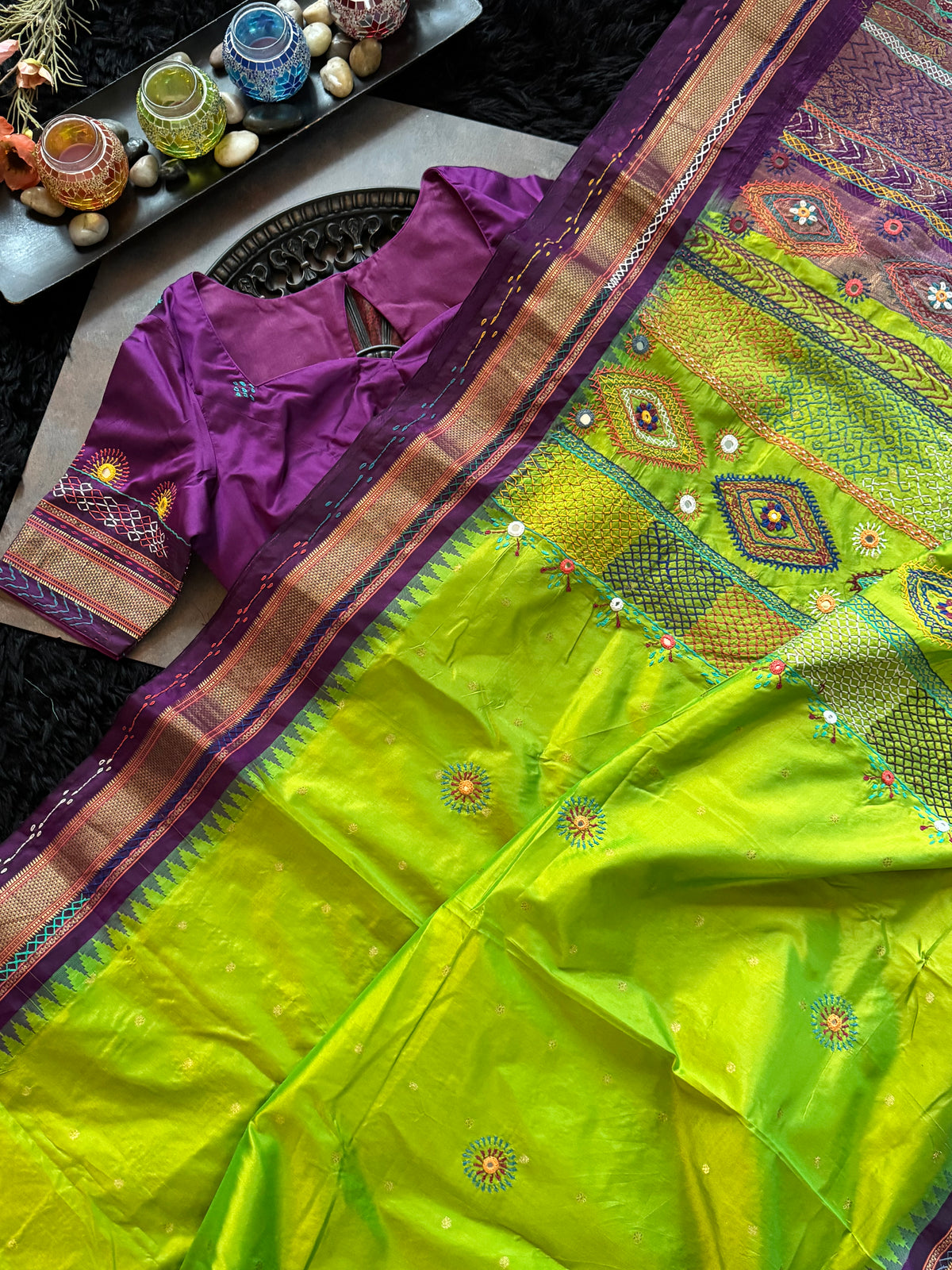 Parrot Green Purple Lambani Pure Silk