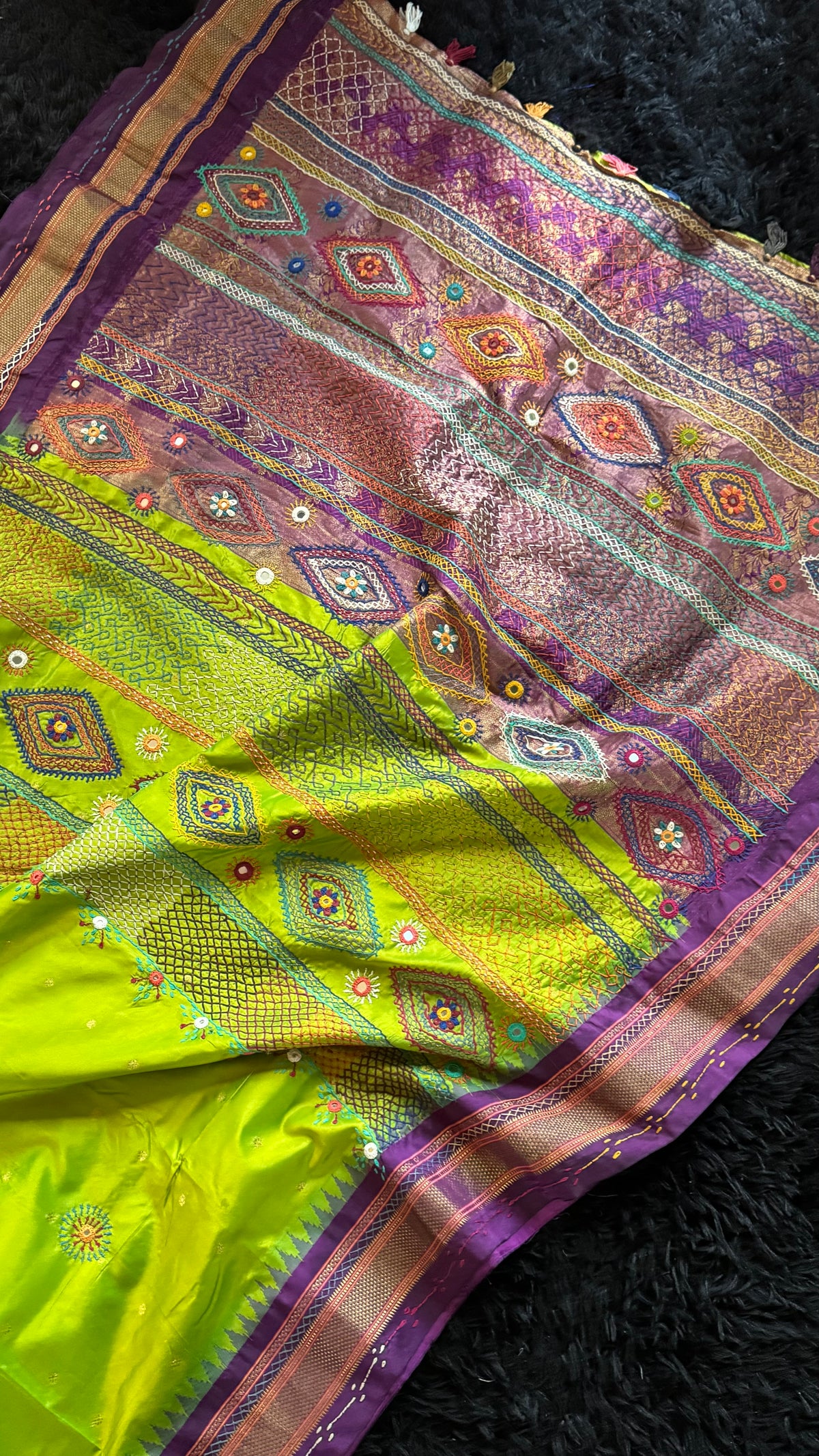 Parrot Green Purple Lambani Pure Silk