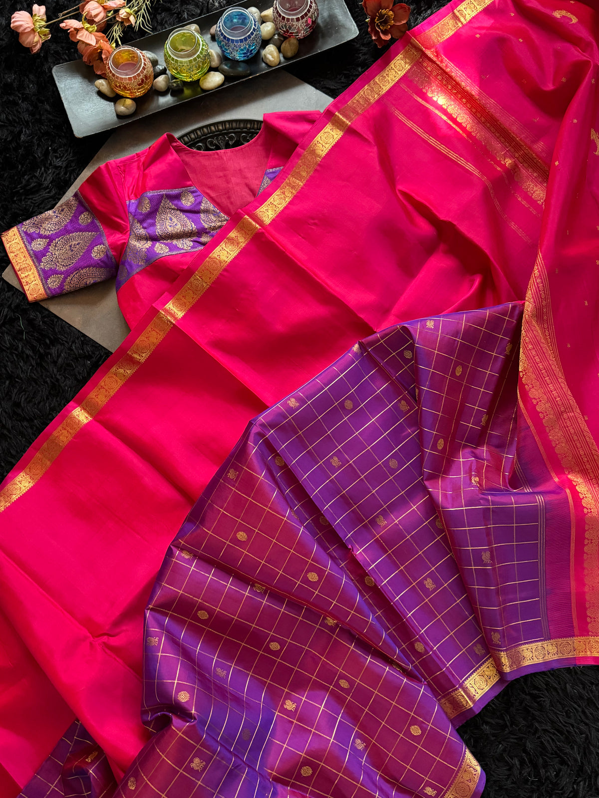 Rani Purple Half Checks Korvai Kanchipuram Pure Silk