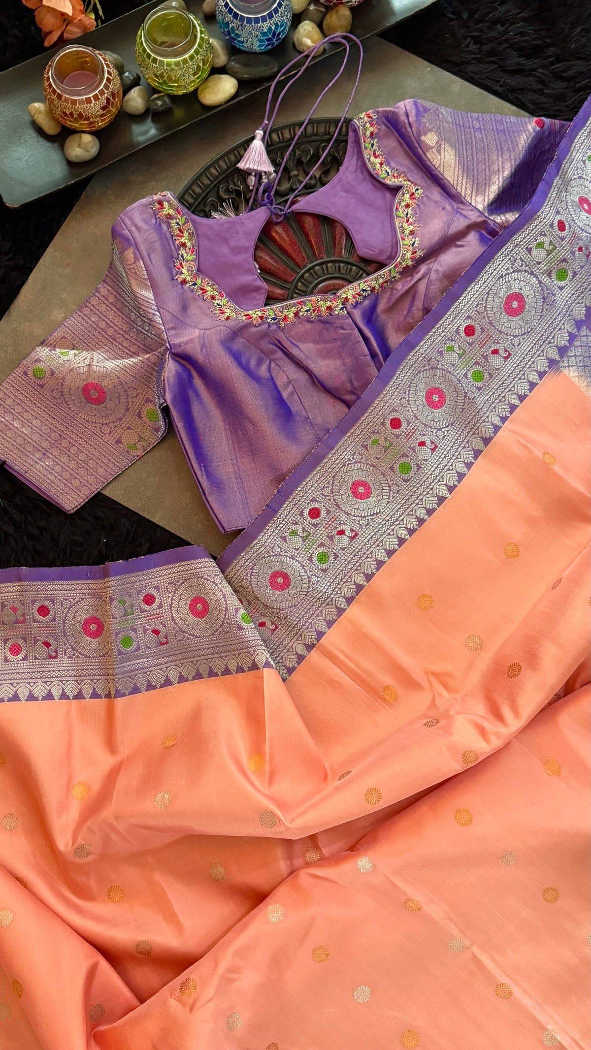 Pastel Salmon Lavender Meenakari Kanchi Gadwal Pure Silk