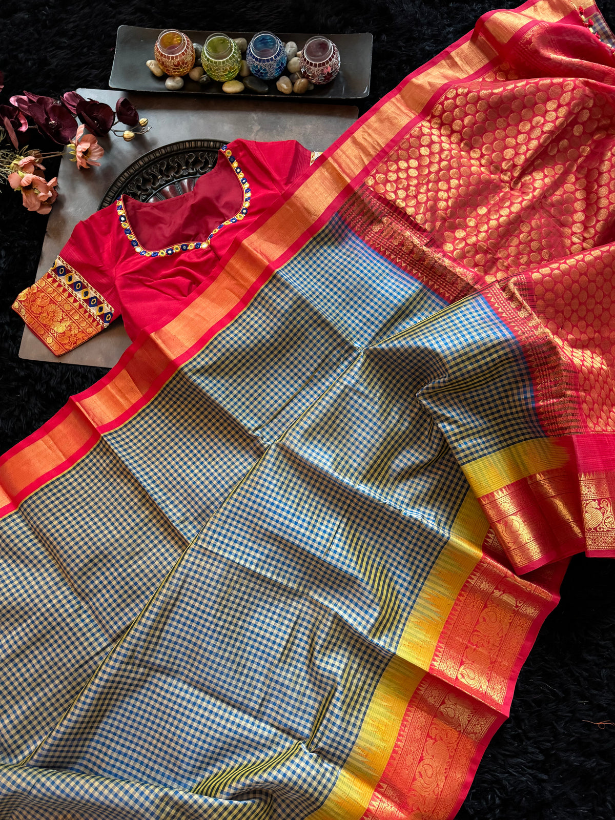 Navy Blue Podi Kattam Silk Cotton Kanchipuram