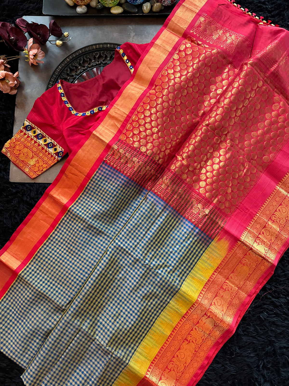 Navy Blue Podi Kattam Silk Cotton Kanchipuram