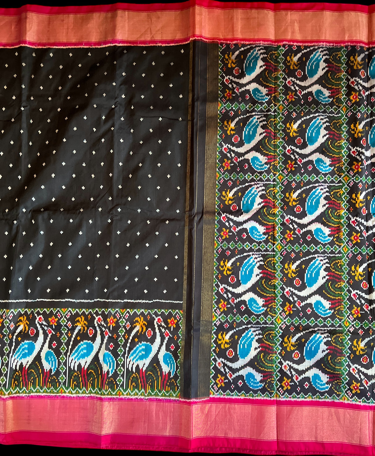 Black Crane Design Ikkat Handloom Pure Silk