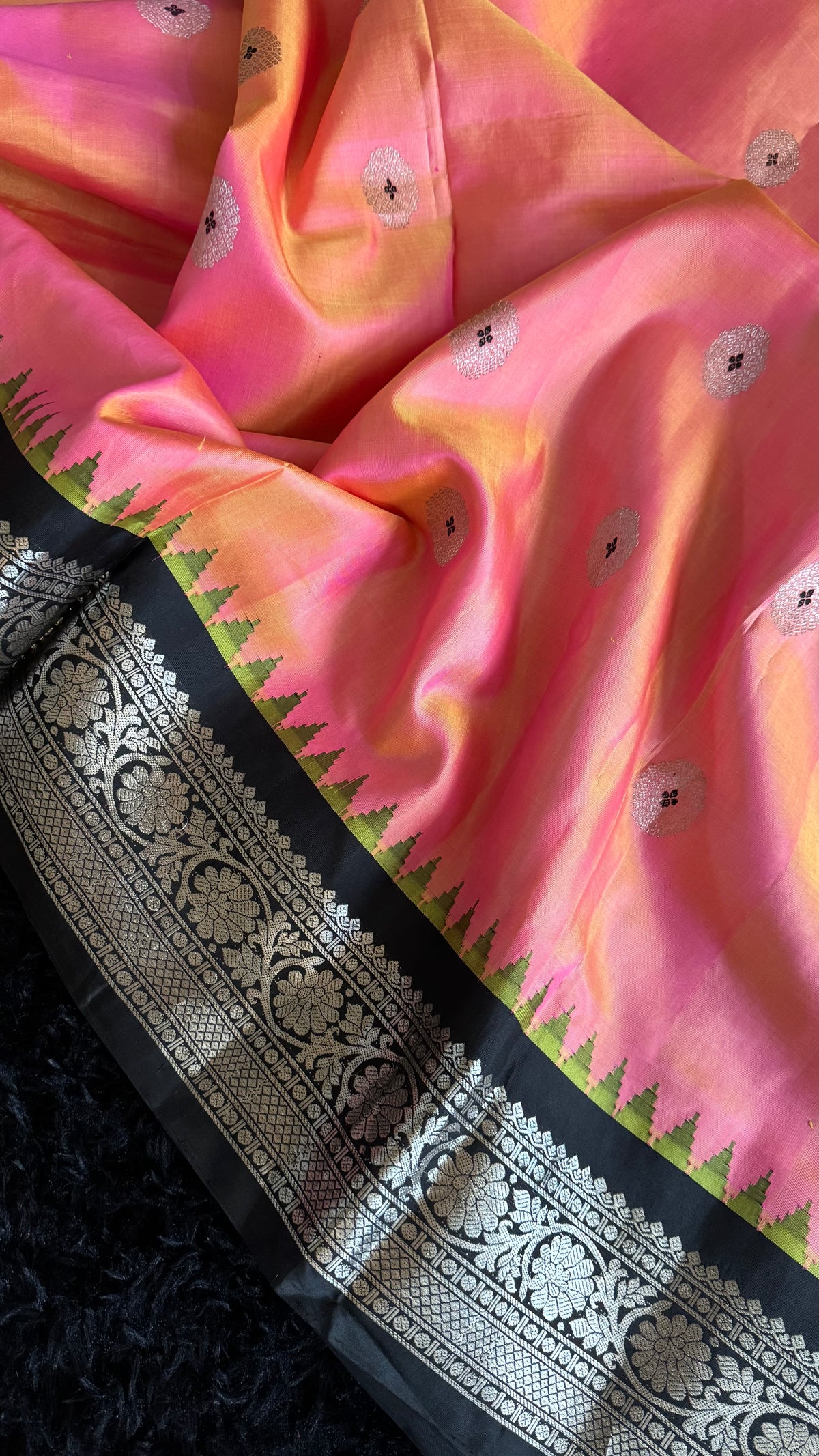 Peachy Pink Black Silver Zari Gadwal Pure SIlk