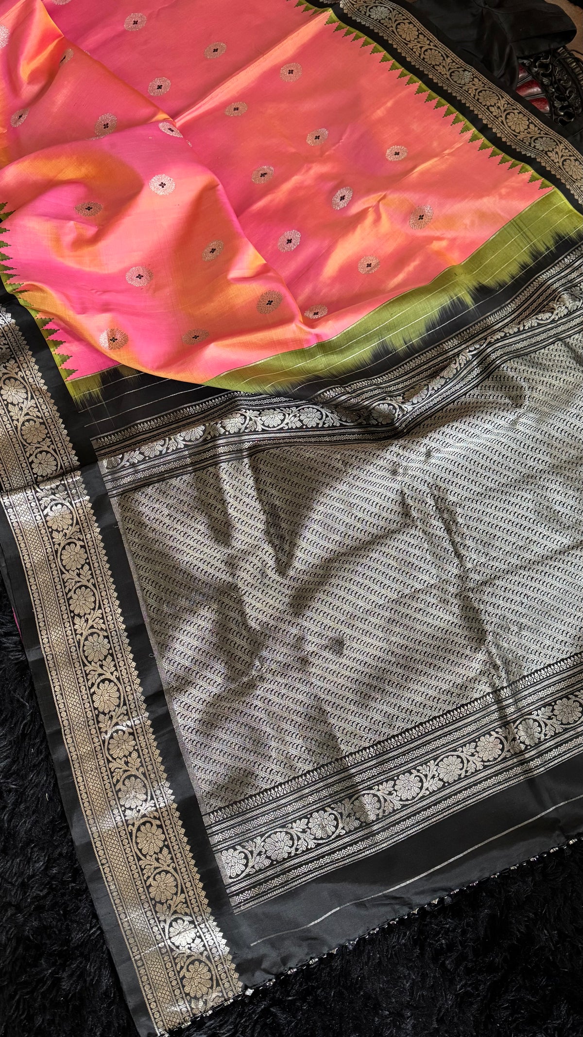 Peachy Pink Black Silver Zari Gadwal Pure SIlk