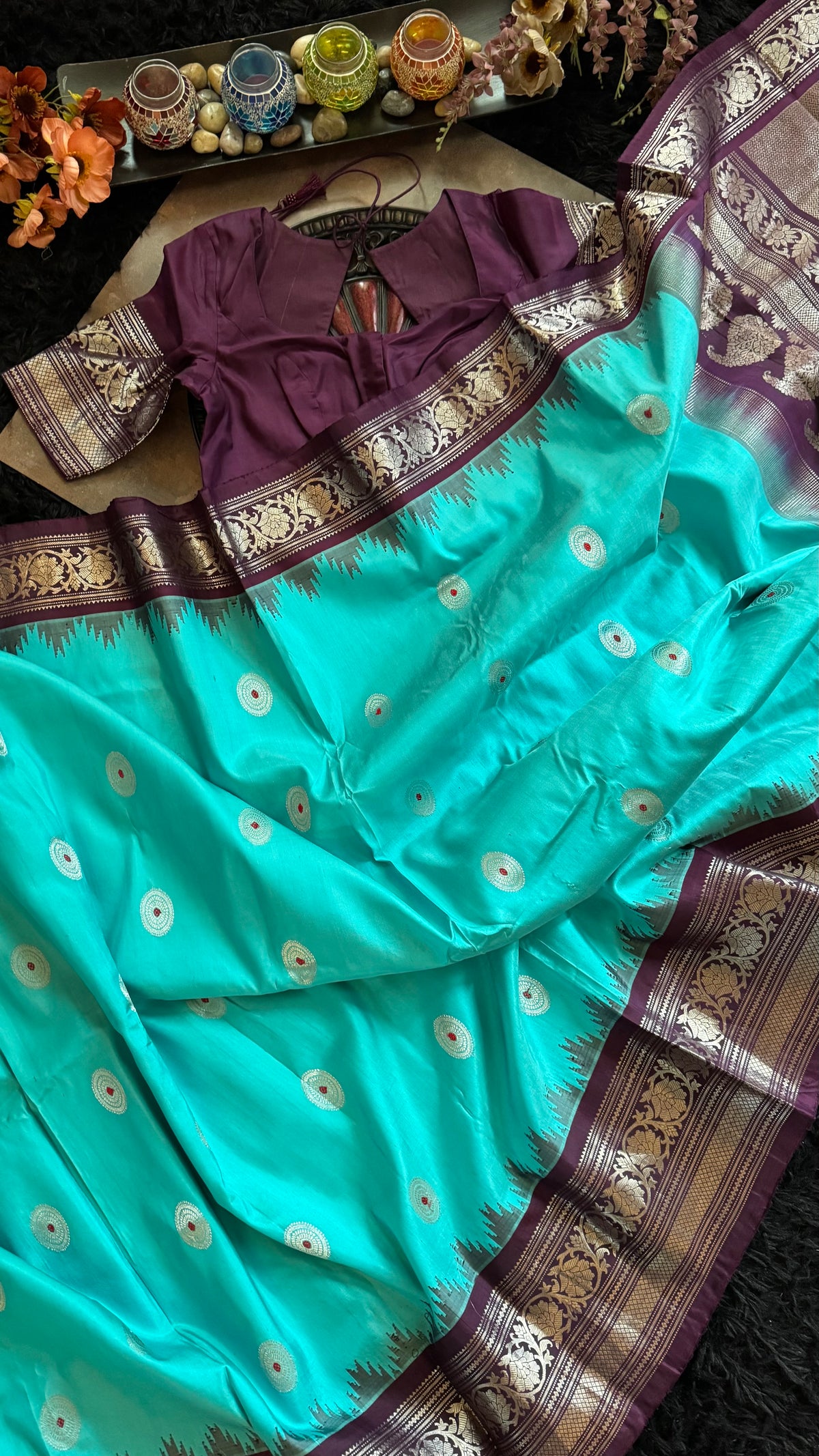 Turquoise Plum Silver Zari Gadwal Pure Silk