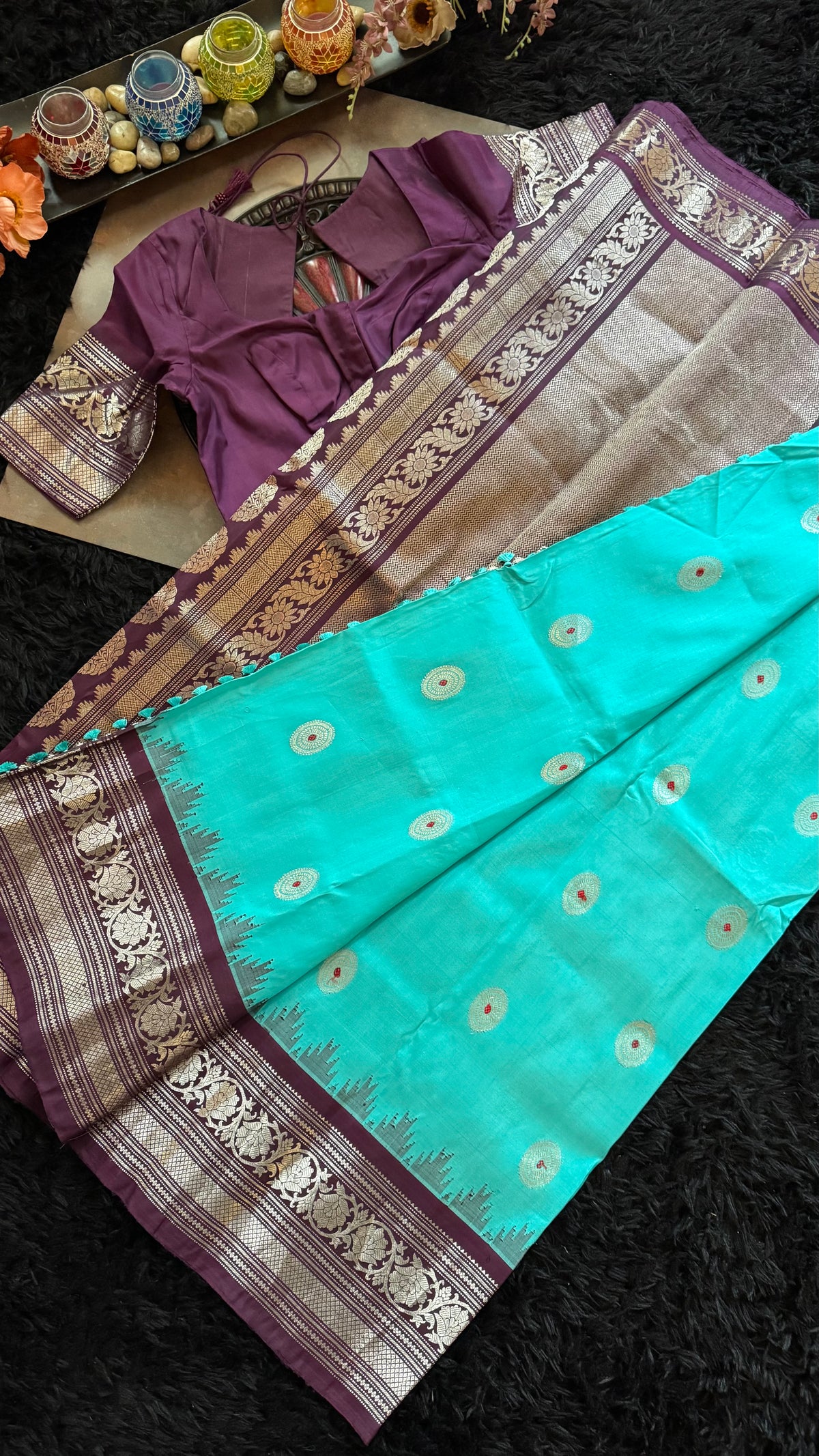Turquoise Plum Silver Zari Gadwal Pure Silk
