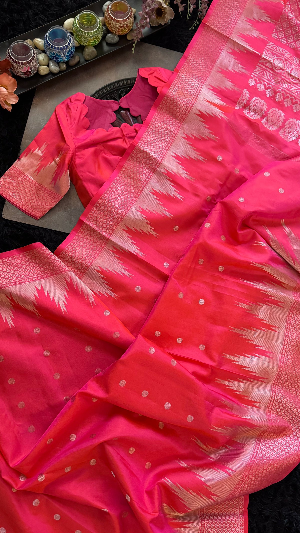 Pink Orange Dual Shade Silver Zari Gadwal Pure SIlk
