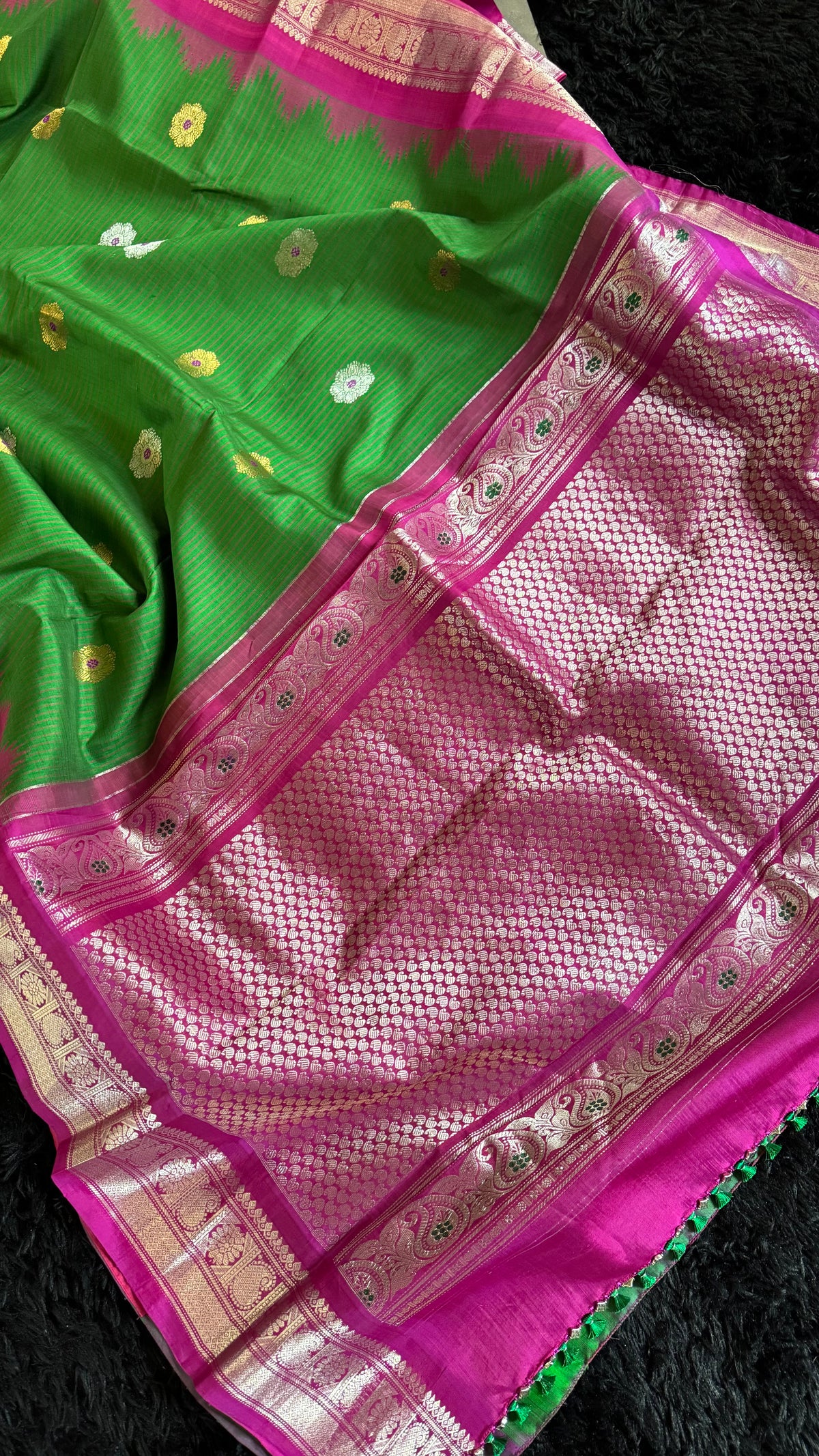 Green Pink Silver Zari Gadwal Pure Silk