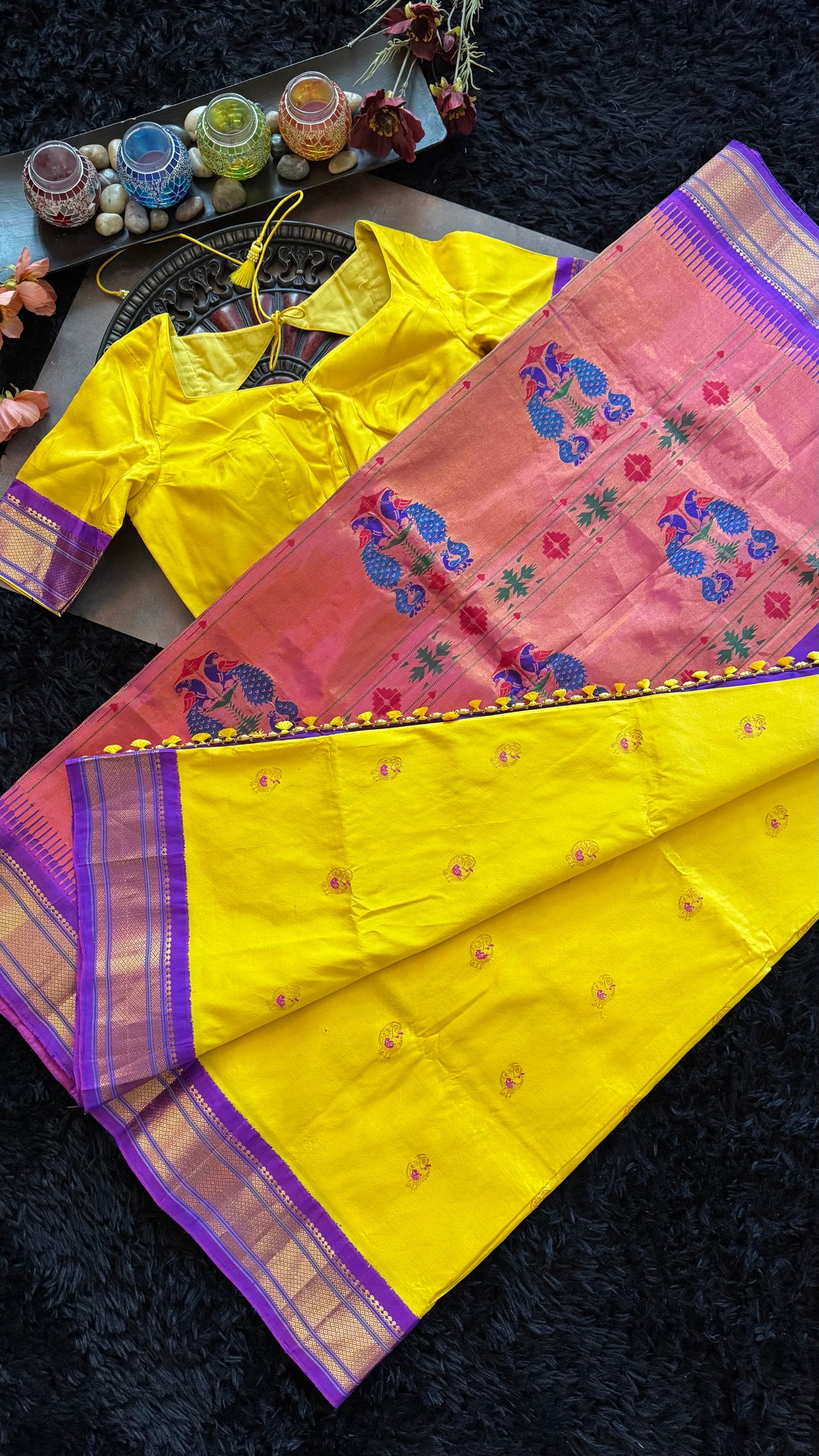 Yellow Purple Maharani Paithani Handloom Pure Silk