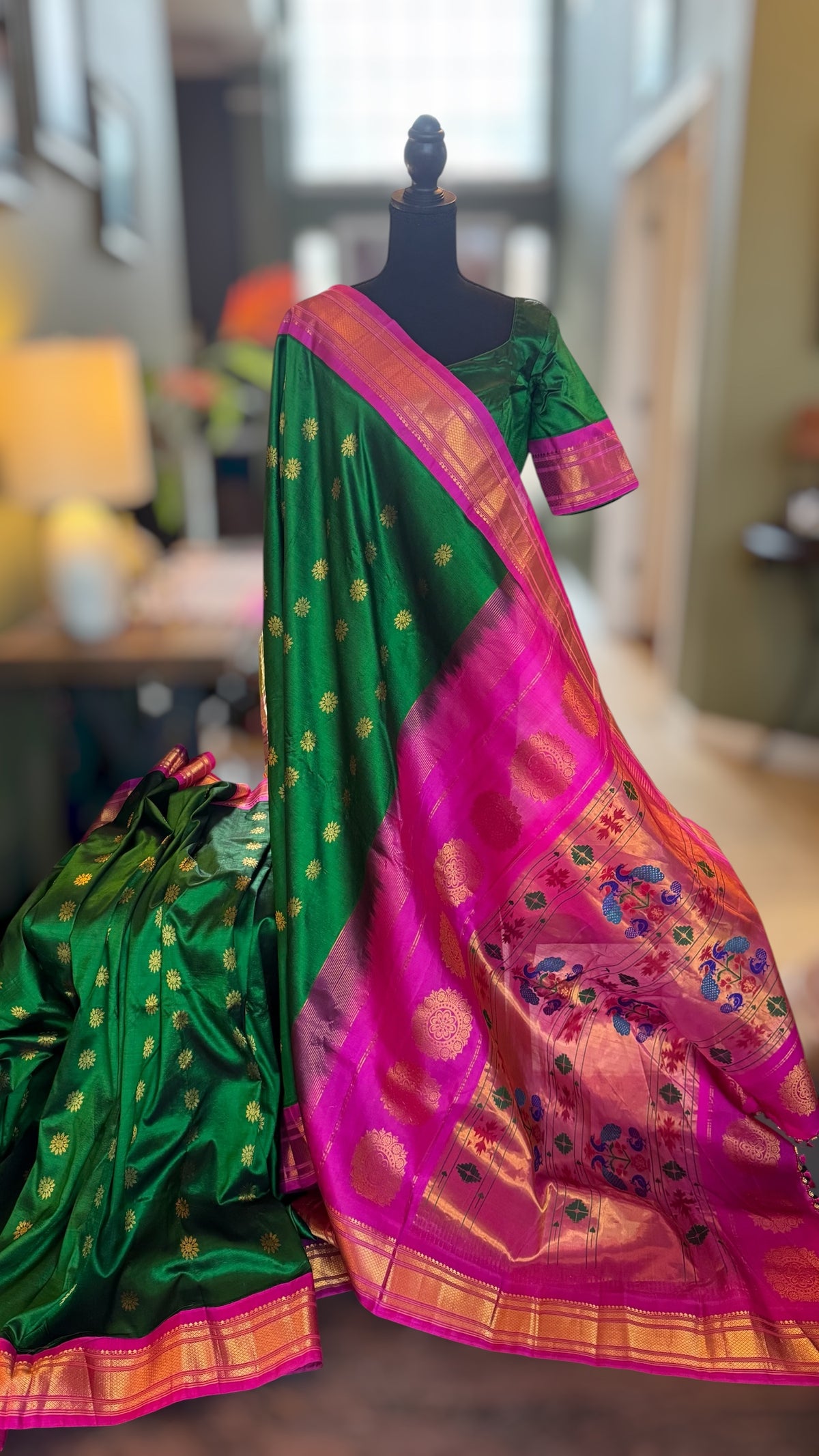 Green Pink Maharani Paithani Handloom Pure Silk