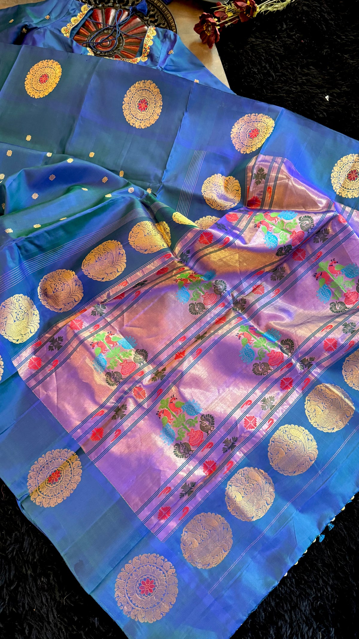 Peacock Blue Maharani Paithani Handloom Pure Silk With Pre-Stitched Blouse