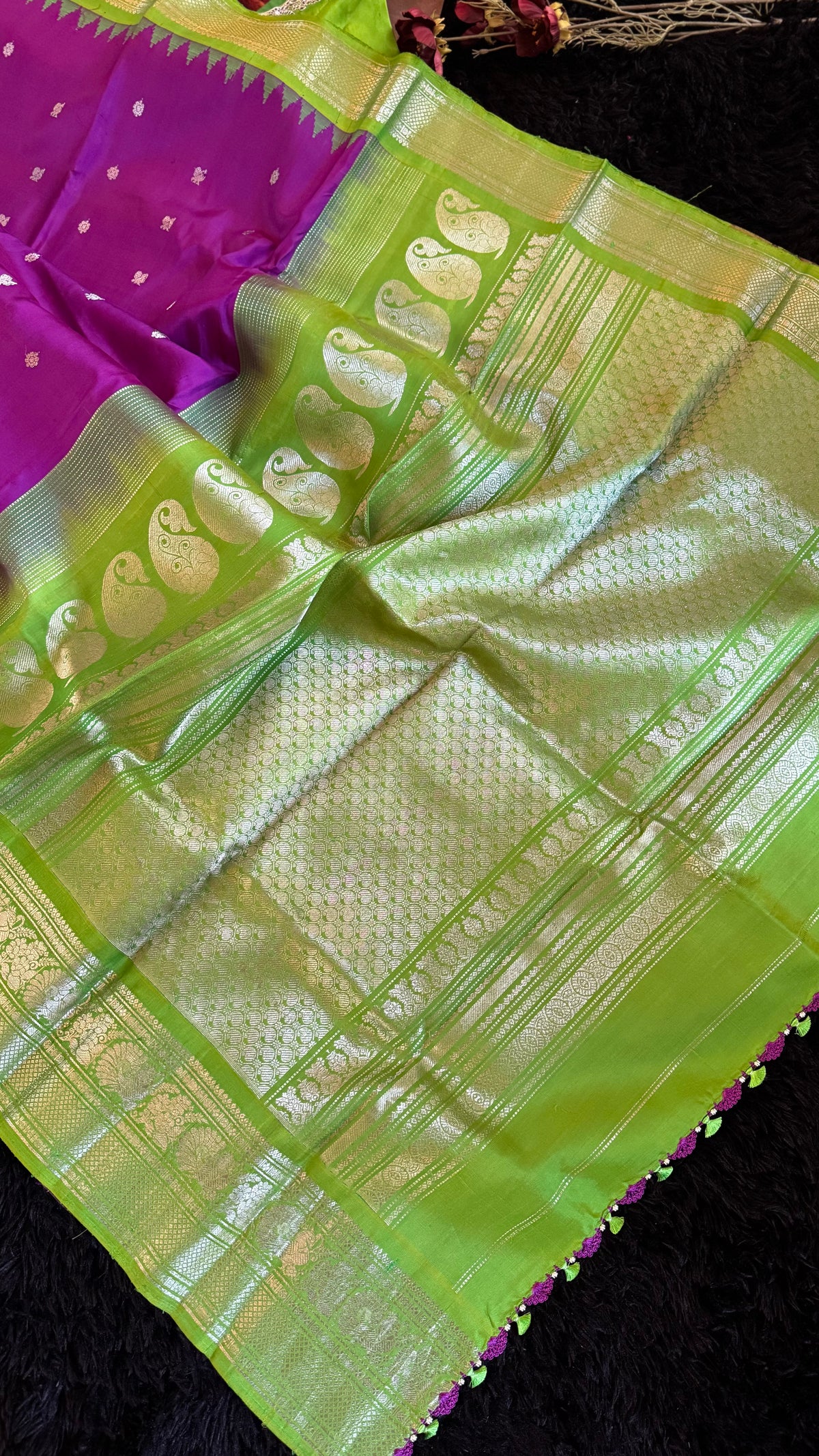 Purple Parrot Green Silver Zari Gadwal Pure Silk