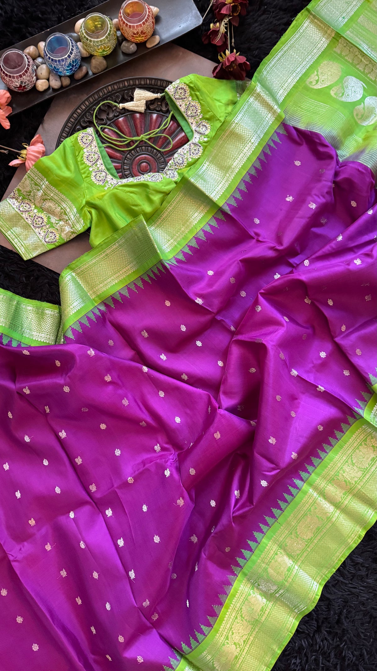 Purple Parrot Green Silver Zari Gadwal Pure Silk