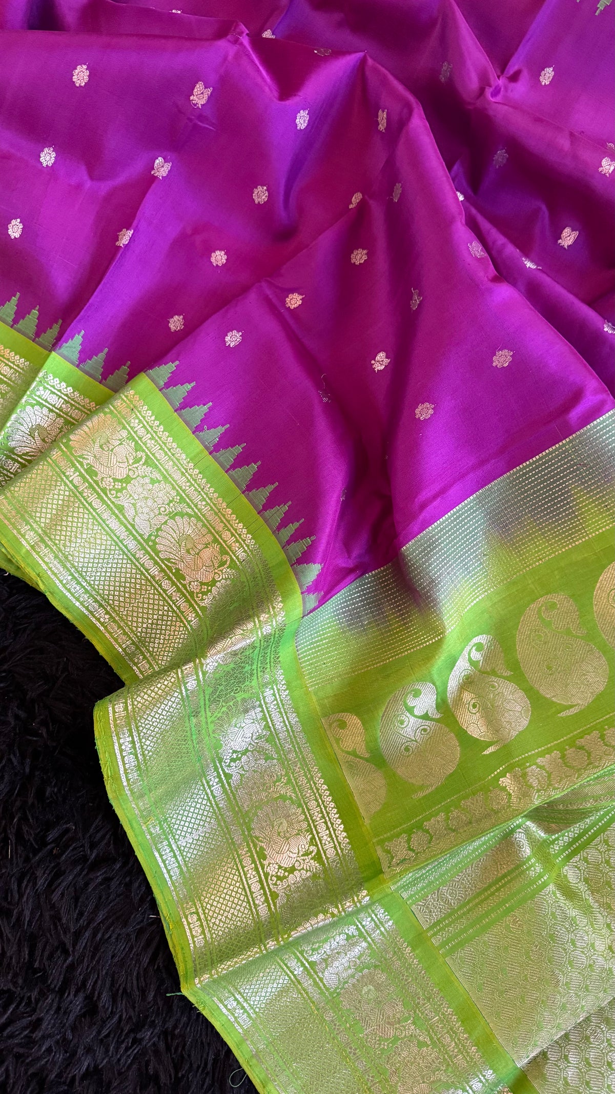 Purple Parrot Green Silver Zari Gadwal Pure Silk