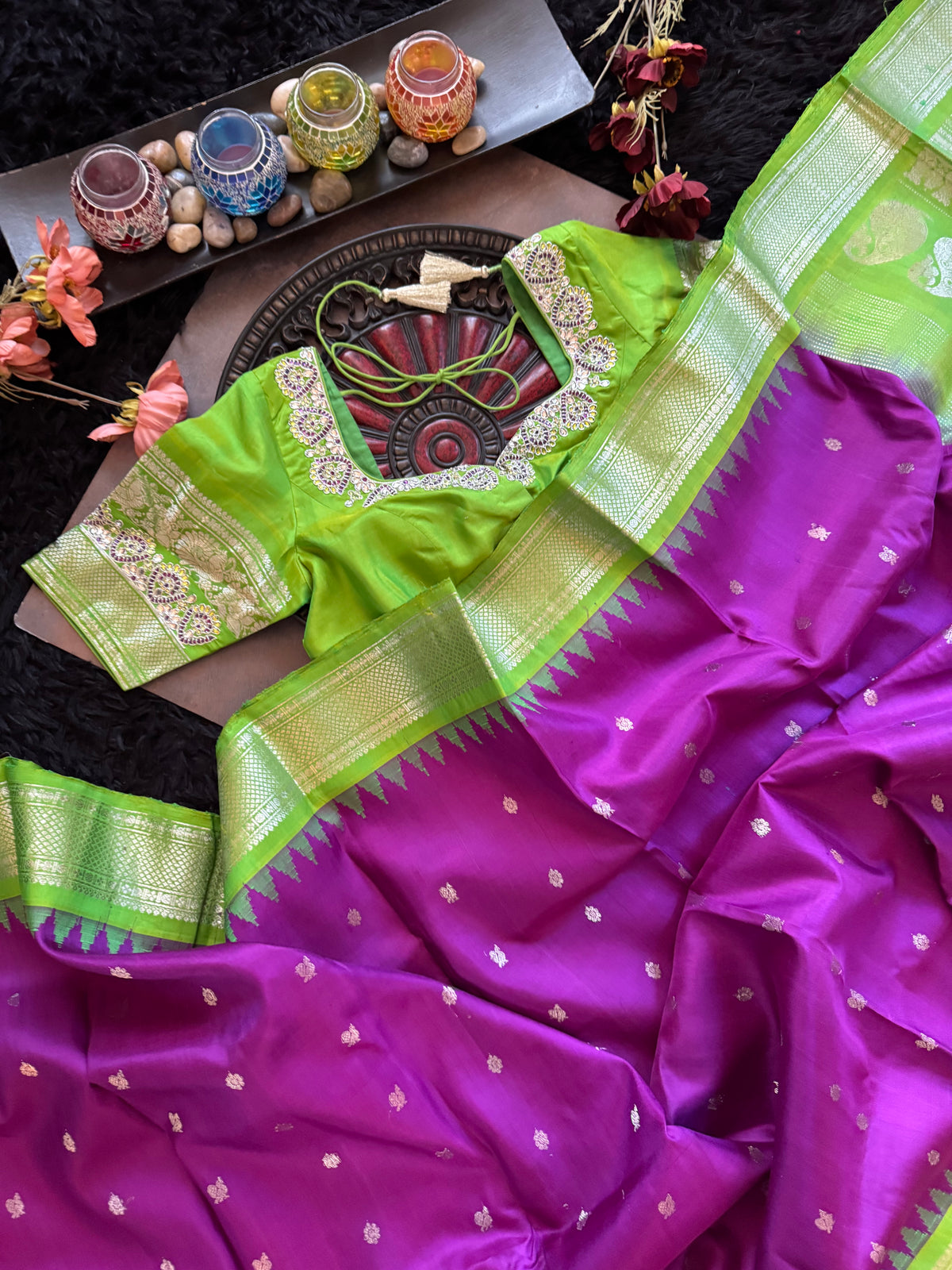 Purple Parrot Green Silver Zari Gadwal Pure Silk