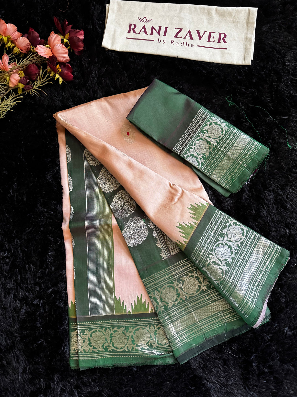 Pastel Pink/Bottle Green Silver Zari Gadwal Handloom Pure Silk
