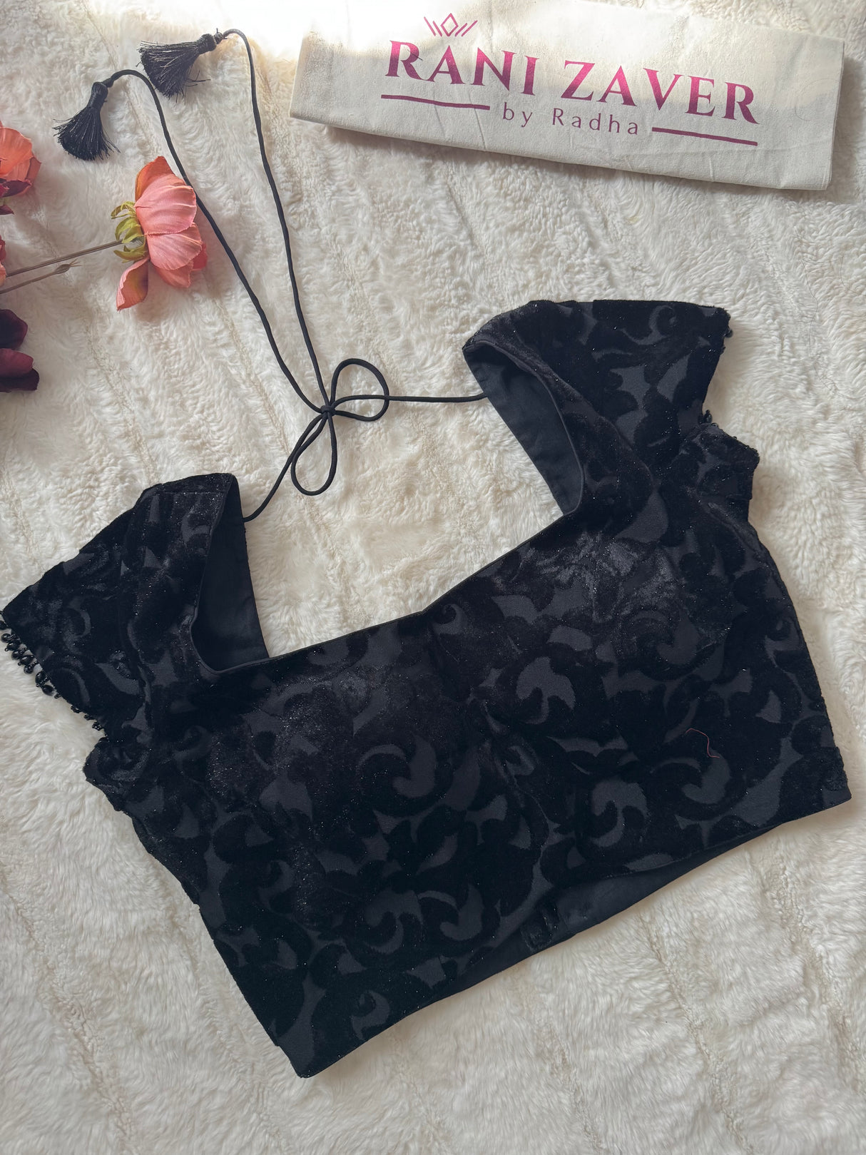 Black Self Pattern Velvet Short Sleeves with hanging beads Blouse 38