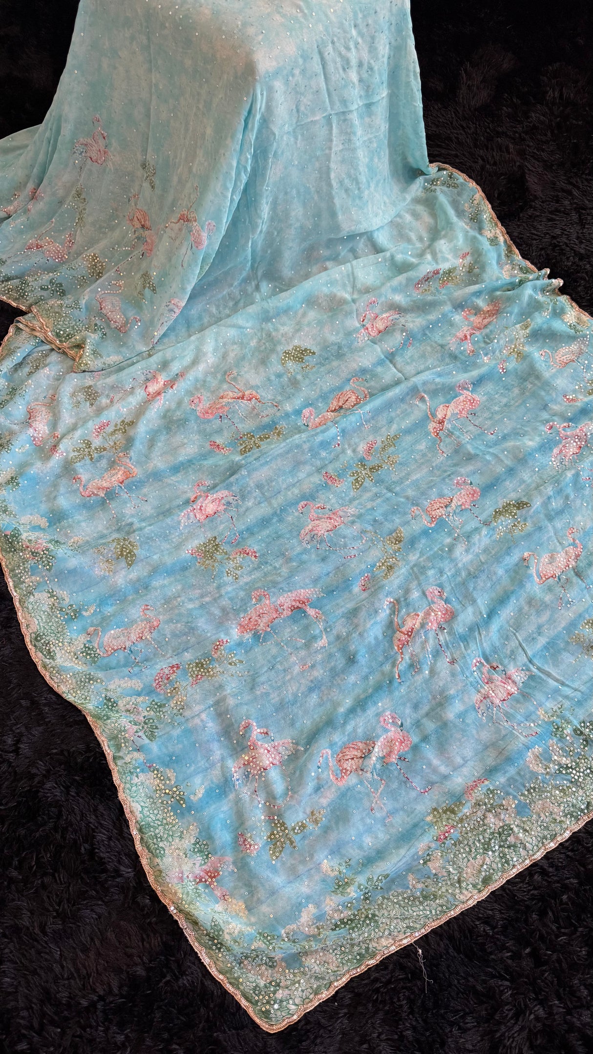 Georgette Blue Swans Design