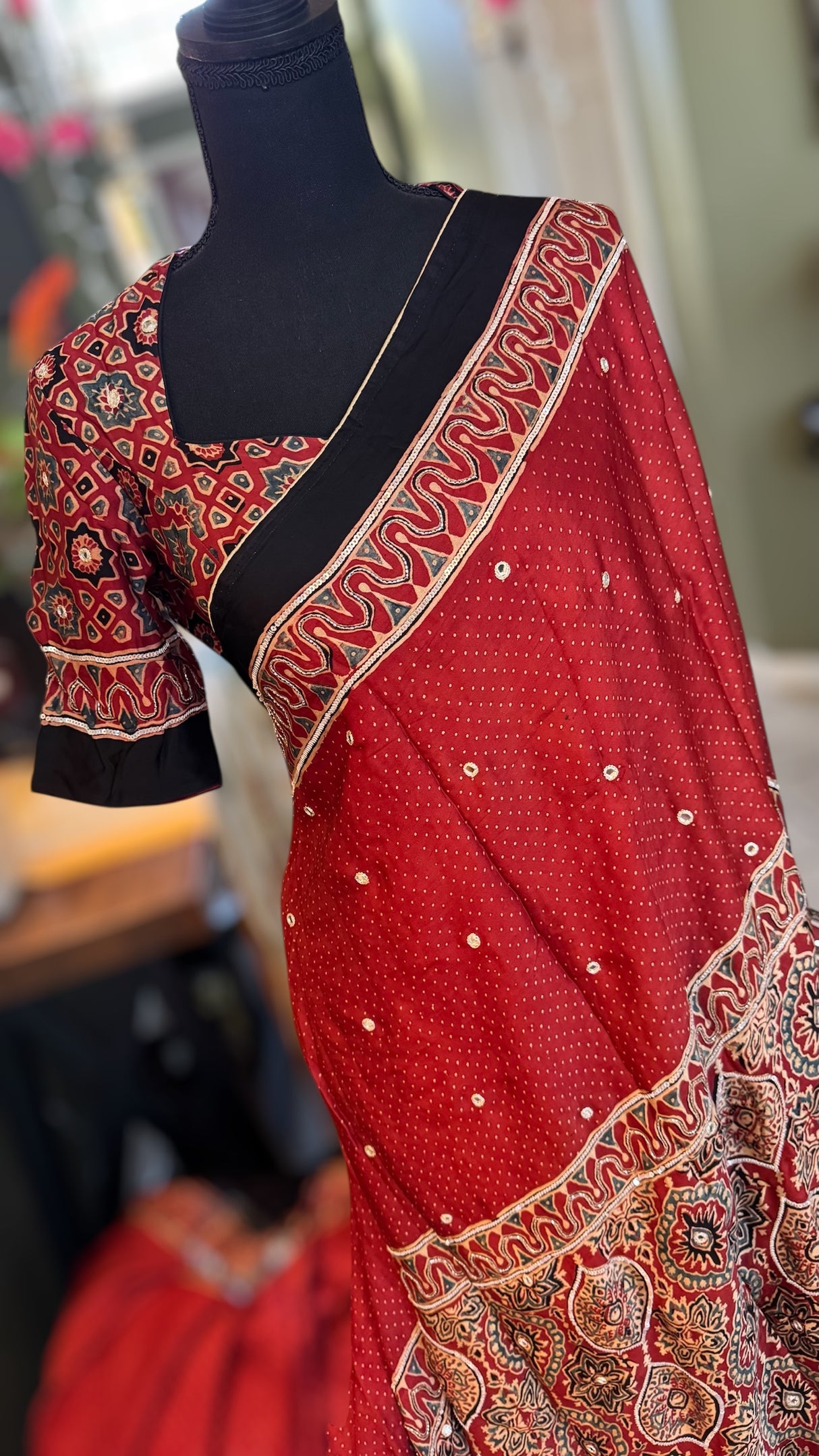 Ajrakh on Modal With Embroidery