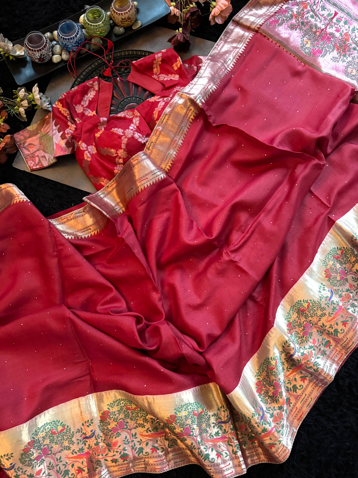Red Tussar Silk With Paithani Inspired Border