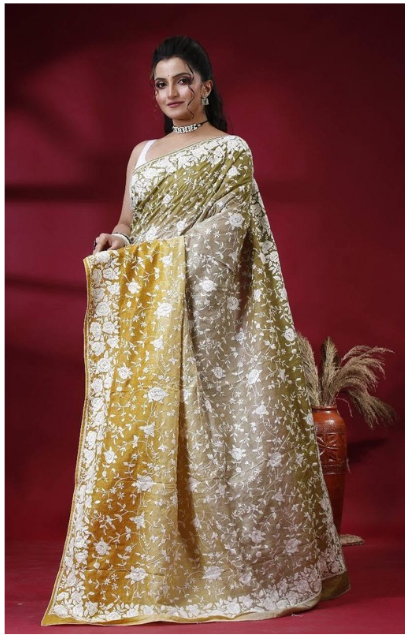 Shaded Parsi Embroidered Gachi Tussar Silk