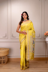 Maharani Kalanjali Pastel (lemon yellow) Silver Zari Paithani Handloom Pure Silk AUS Saree Rani Zaver 