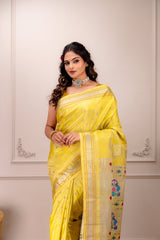 Maharani Kalanjali Pastel (lemon yellow) Silver Zari Paithani Handloom Pure Silk AUS Saree Rani Zaver 