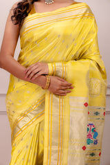 Maharani Kalanjali Pastel (lemon yellow) Silver Zari Paithani Handloom Pure Silk AUS Saree Rani Zaver 