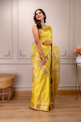 Maharani Kalanjali Pastel (lemon yellow) Silver Zari Paithani Handloom Pure Silk AUS Saree Rani Zaver 