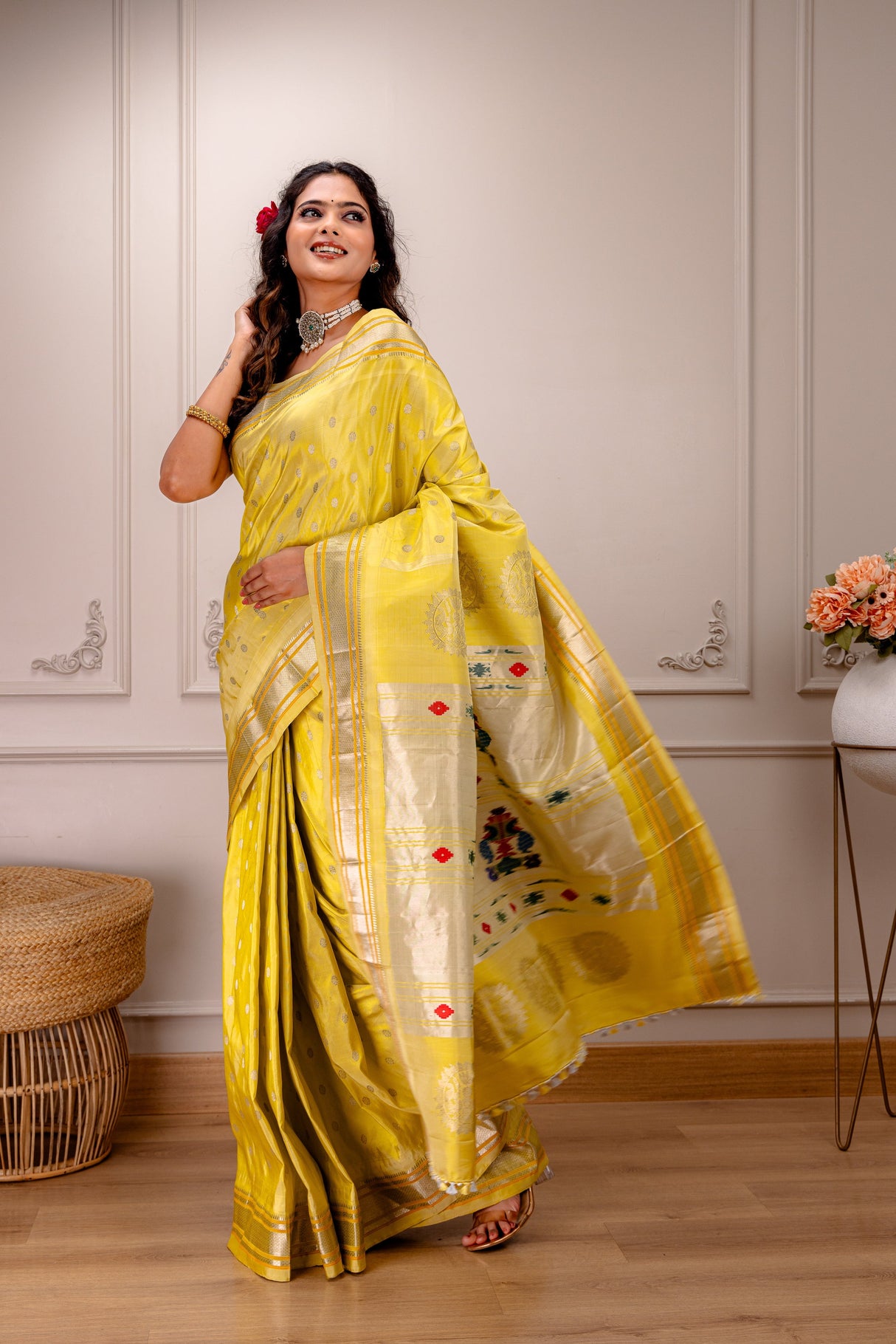 Maharani Kalanjali Pastel (lemon yellow) Silver Zari Paithani Handloom Pure Silk AUS Saree Rani Zaver 