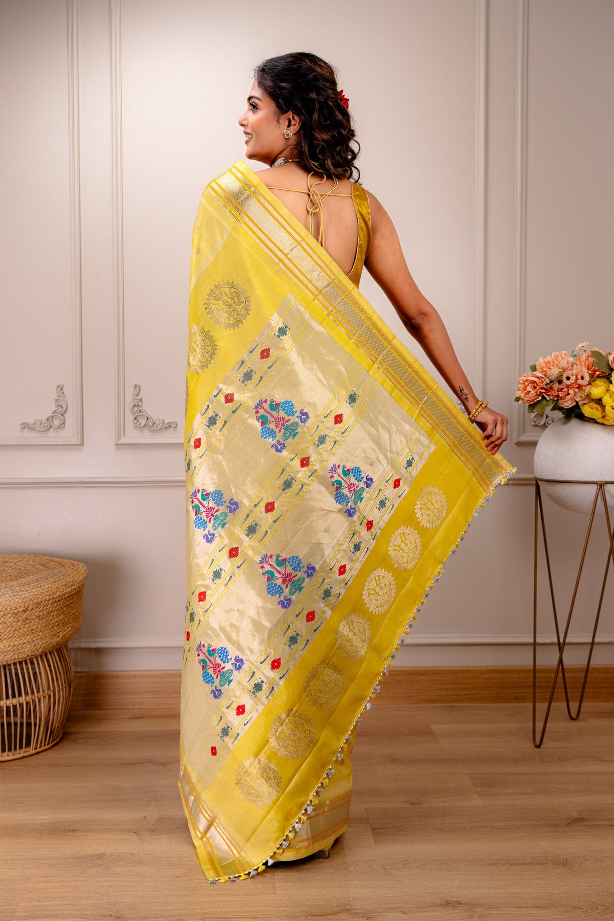 Maharani Kalanjali Pastel (lemon yellow) Silver Zari Paithani Handloom Pure Silk AUS Saree Rani Zaver 