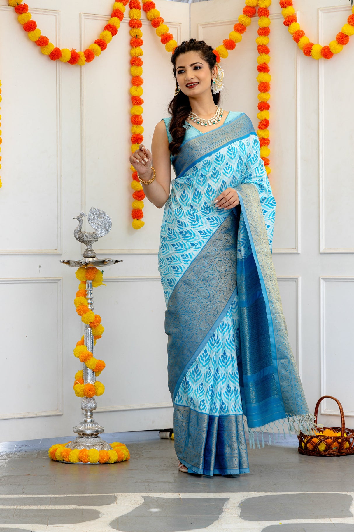 Ikkat Kanchipuram Fusion Handloom Pure Silk with Pre-Stitched Blouse AUS Saree Rani Zaver 