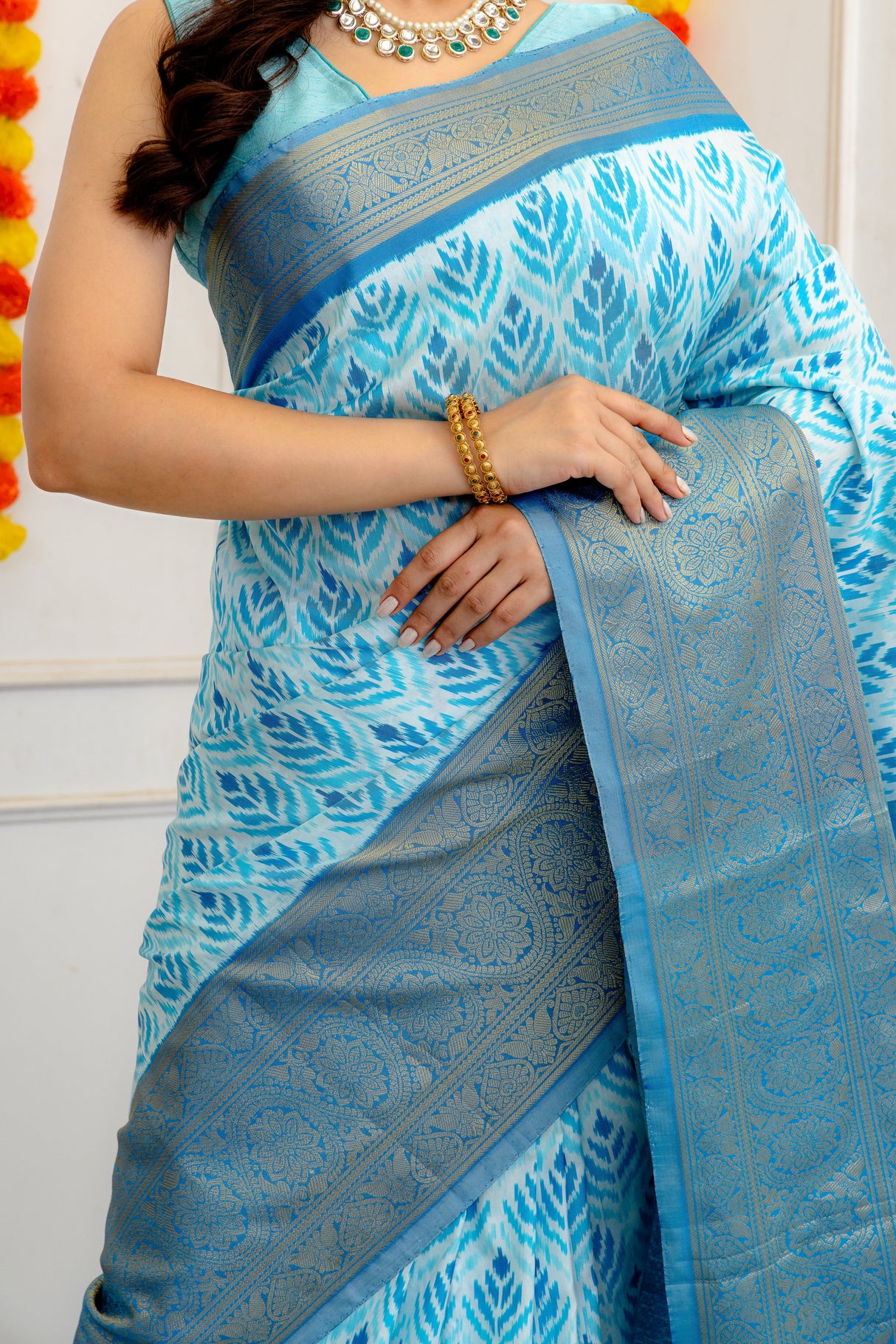 Ikkat Kanchipuram Fusion Handloom Pure Silk with Pre-Stitched Blouse AUS Saree Rani Zaver 