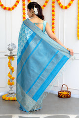 Ikkat Kanchipuram Fusion Handloom Pure Silk with Pre-Stitched Blouse AUS Saree Rani Zaver 