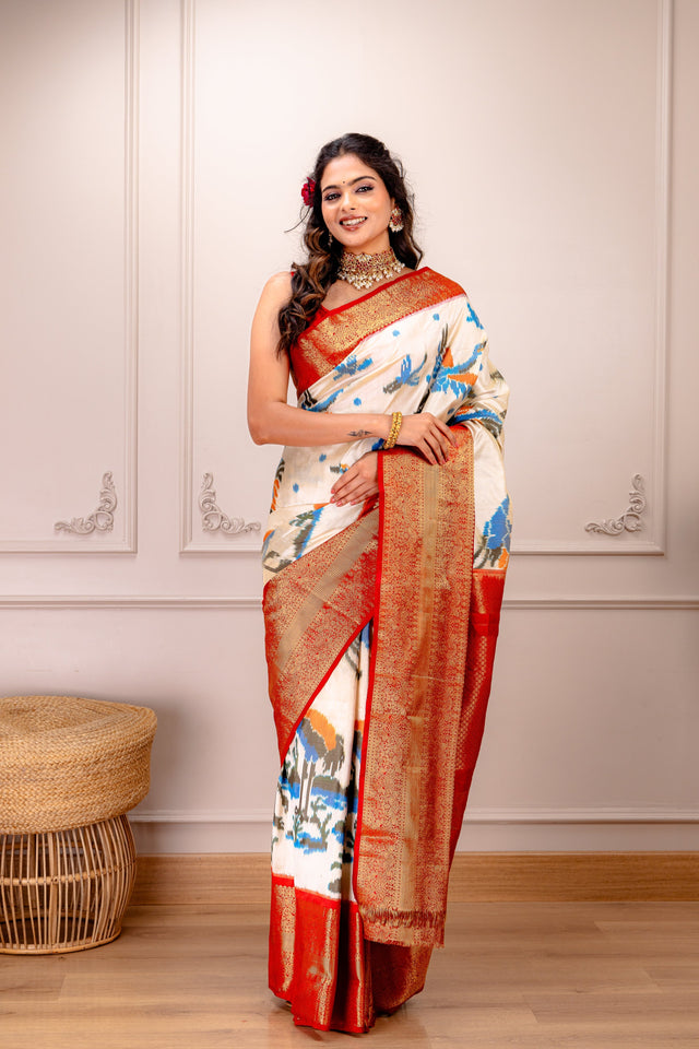 Ikkat Kanchipuram Fusion Handloom Pure Silk Crane design with Pre-Stitched blouse AUS Saree Rani Zaver 