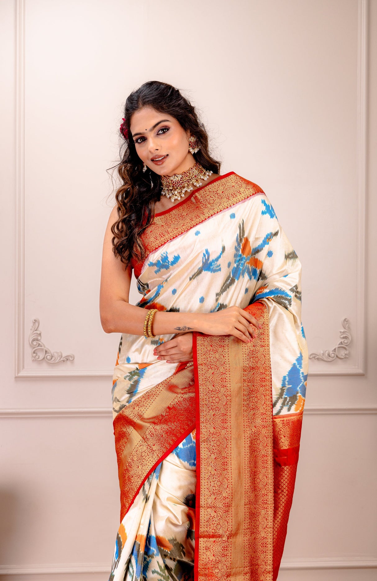 Ikkat Kanchipuram Fusion Handloom Pure Silk Crane design with Pre-Stitched blouse AUS Saree Rani Zaver 