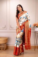 Ikkat Kanchipuram Fusion Handloom Pure Silk Crane design with Pre-Stitched blouse AUS Saree Rani Zaver 