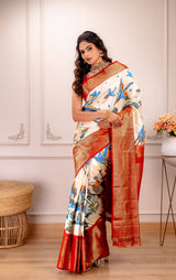 Ikkat Kanchipuram Fusion Handloom Pure Silk Crane design with Pre-Stitched blouse AUS Saree Rani Zaver 