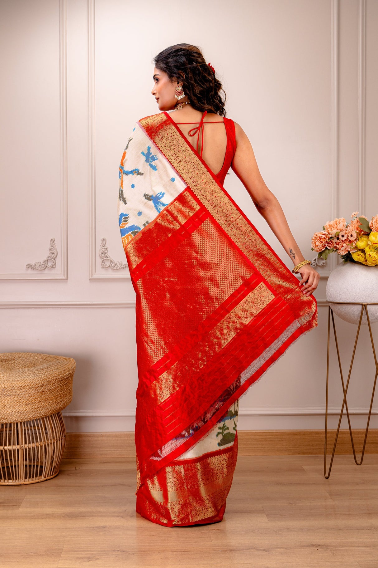 Ikkat Kanchipuram Fusion Handloom Pure Silk Crane design with Pre-Stitched blouse AUS Saree Rani Zaver 