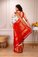 Ikkat Kanchipuram Fusion Handloom Pure Silk Crane design with Pre-Stitched blouse AUS Saree Rani Zaver 