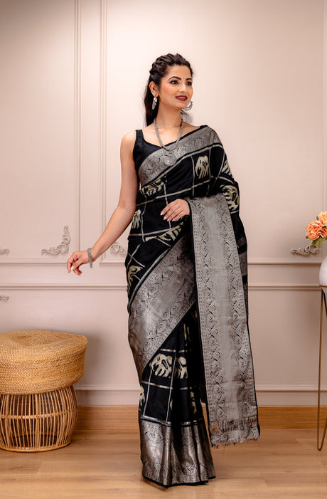 Ikkat Kanchipuram Fusion Handloom Pure Silk with Pre-Stitched Blouse AUS Saree Rani Zaver 