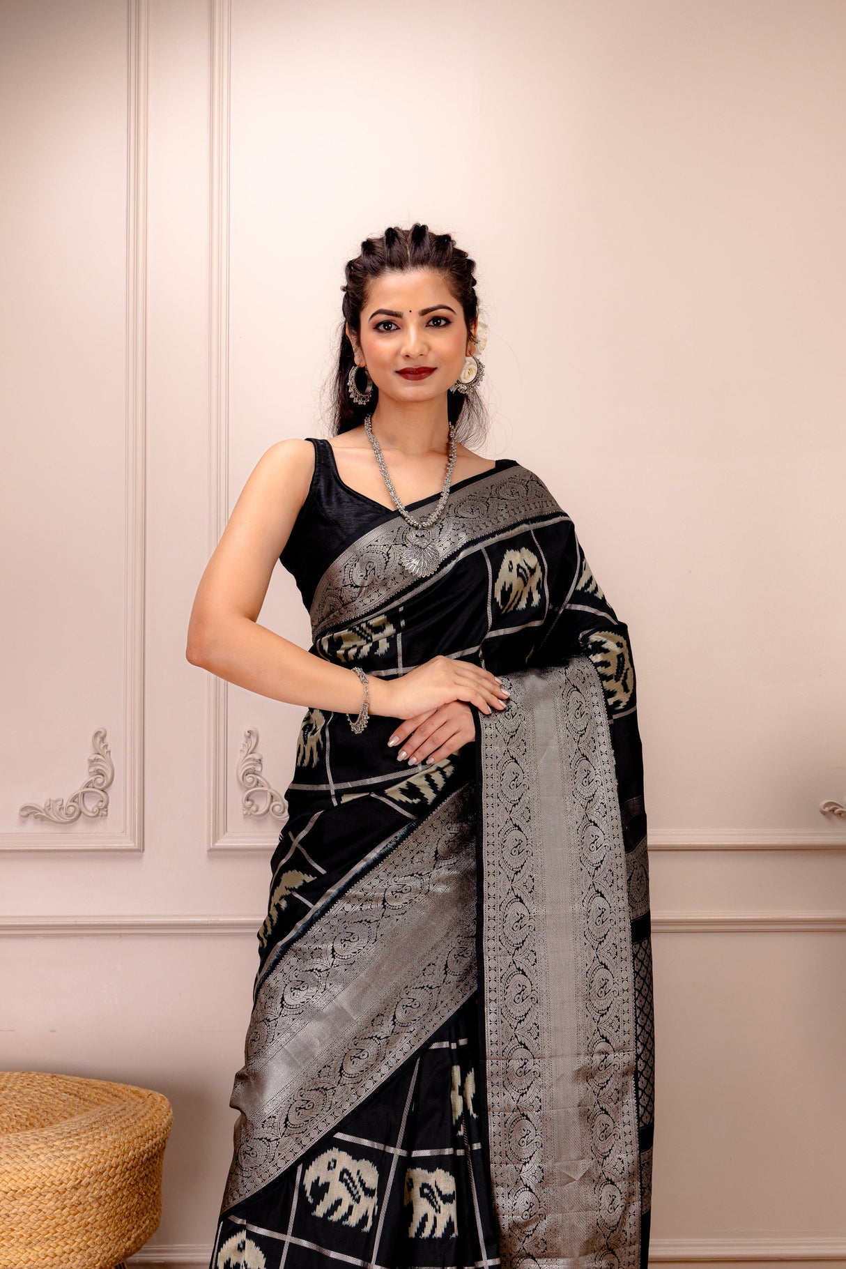 Ikkat Kanchipuram Fusion Handloom Pure Silk with Pre-Stitched Blouse AUS Saree Rani Zaver 