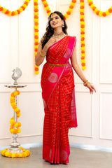 Gadwal Handloom Pure Silk Chilli Red Pink Combo AUS