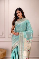 Maharani Kalanjali Pastel shade (Powder blue) Silver Zari Paithani Handloom Pure Silk AUS