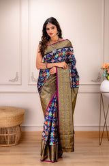 Ikkat Kanchipuram Fusion Handloom Pure Silk with Pre-Stitched Blouse AUS