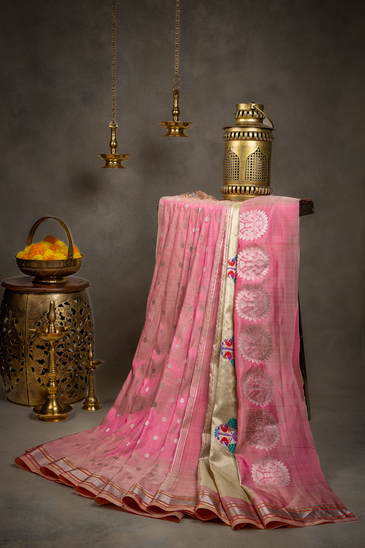 Maharani Kalanjali Pastel shade (baby pink) Silver Zari Paithani Handloom Pure Silk AUS